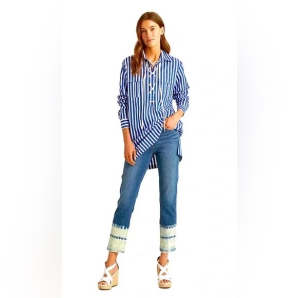 Lauren Ralph Lauren Lace Up NAUTICAL Rope Strip Blue Blouse sz Small P - Picture 7 of 7